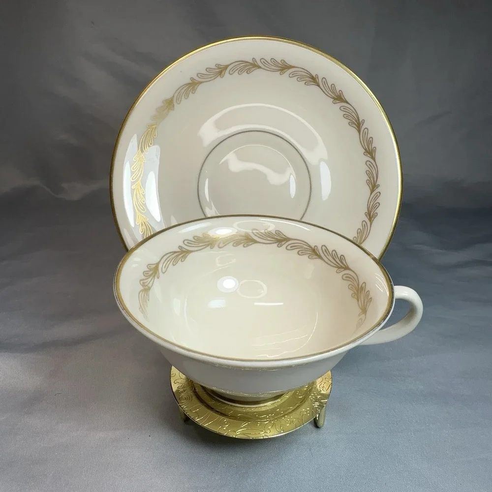 Tiffany & Co Gold Laurel Teacup and Saucer Set Cream Porcelain Japan‎ Gilt Rim